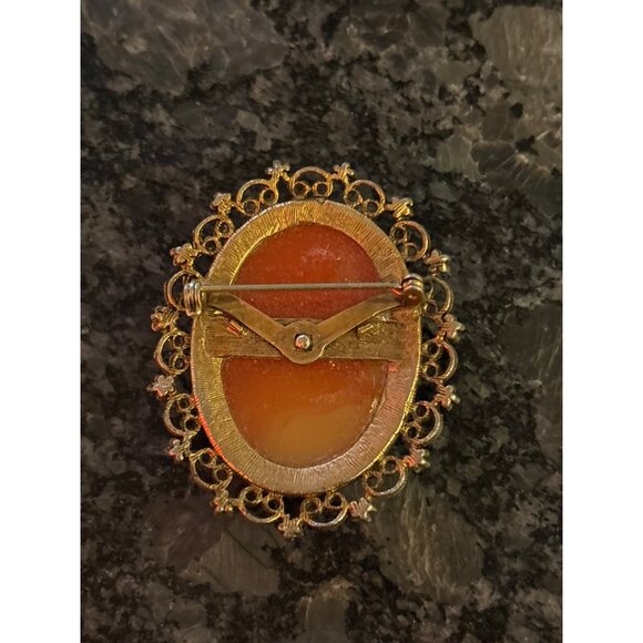 Vintage Cameo Brooch Rhinestone Victorian Style Lady Profile Gold-Tone Filigree - Picture 7 of 9